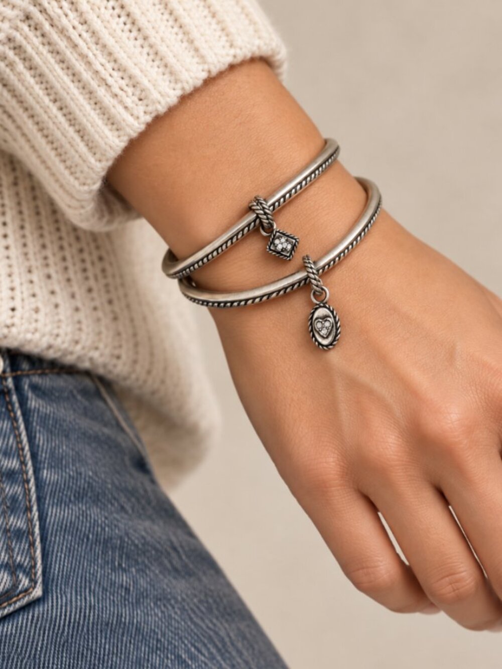 Brighton Heart & Soul Silver Plated Stacked Bangles with Swarovski Crystal Charm